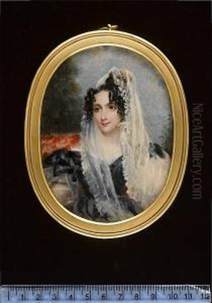 A Lady, Wearing Black Dress With
 Puffed Sleeves And Lace Trim, White Veil, Her Hair In Ringlets, Seated 
On Red Upholstered Chair In Woodland. Oil Painting by Alfred-Edward Chalon