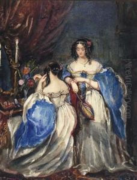 Two Ladies In A Dressing Room Oil Painting by Alfred-Edward Chalon