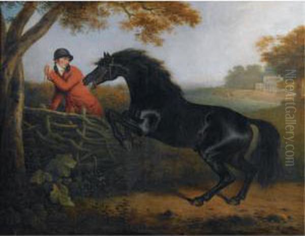 A Dark Bay Hunter Jumping A Gate In A Park Oil Painting by Henry Bernard Chalon