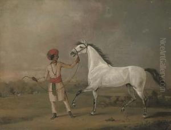 An Arab Stallion Held By An Indian Groom In An Exotic Landscape, Figures Beyond Oil Painting by Henry Bernard Chalon