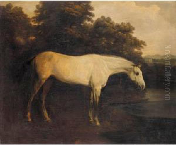 A Grey Hunter In A River Landscape; And A Bay Hunter With A Groom In A Loose Box Oil Painting by Henry Bernard Chalon