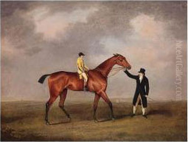 Lord Grosvenor's Violante With Frank Buckle Up, Held By A Groom On A Racecourse Oil Painting by Henry Bernard Chalon