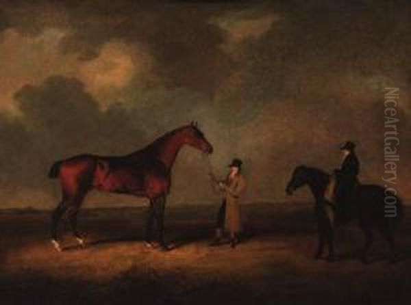 Sir David, Held By A Groom, With Another Figure On A Pony, In Anextensive Landscape Oil Painting by Henry Bernard Chalon