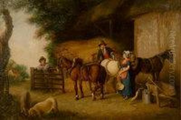 Farmhands With Horses And Animals Oil Painting by John James Chalo