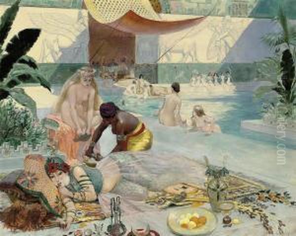 Odalisques At The Harem Pool Oil Painting by Louis Chalon