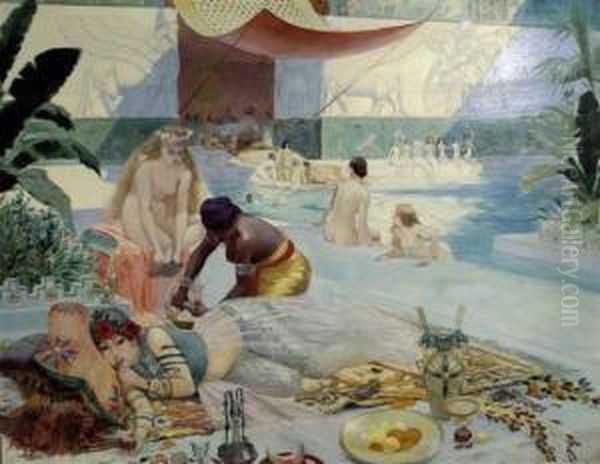 Odalisques By The Harem Pool Oil Painting by Louis Chalon