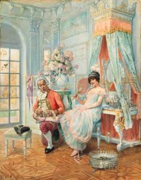 Flirting With The Butler Oil Painting by Louis Chalon