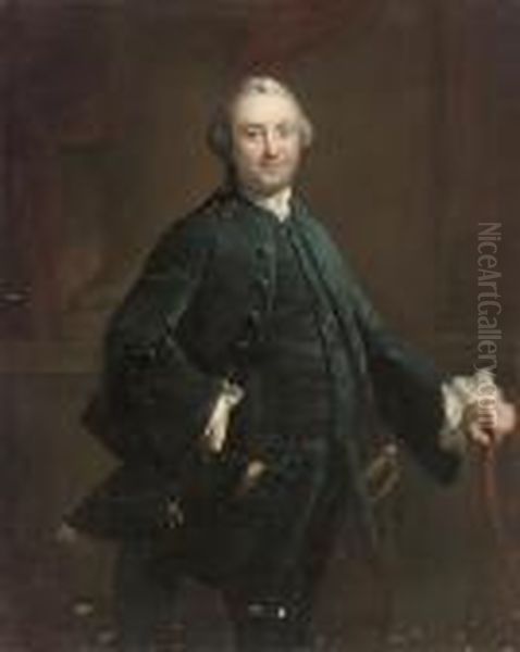 Portrait Of A Gentleman, 
Three-quarter-length, In A Blue Velvetcoat And Waistcoat, A Black And 
Gold Embroidered Hat In His Righthand Oil Painting by Mason Chamberlin