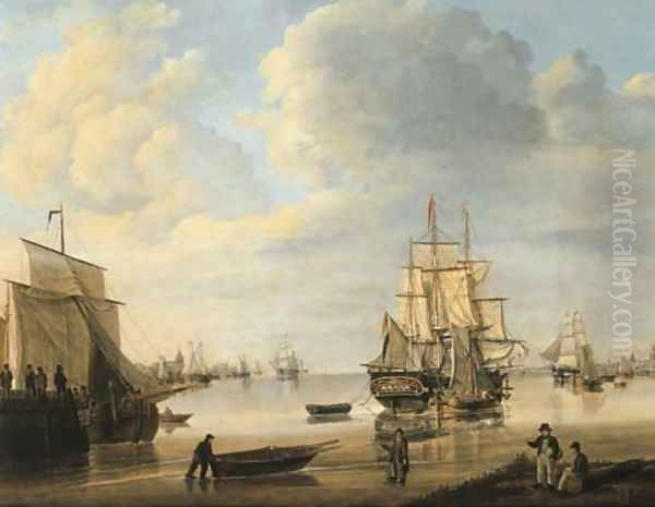 Moored vessels, Dutch three-masters and a rowing boat in a calm, a city beyond Oil Painting by Johan Hendrik Boshamer