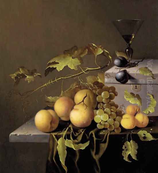 Peaches and grapes on the vine, with a goblet of wine on a casket, on a partially draped stone ledge Oil Painting by Johannes Borman