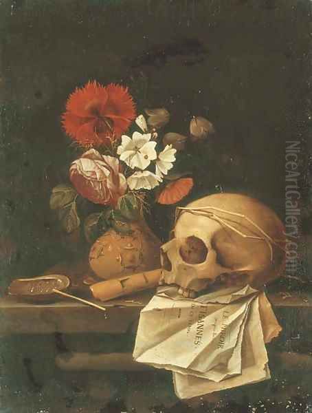 A vanitas still life with a skull, flowers in a terracotta vase Oil Painting by Johannes Borman