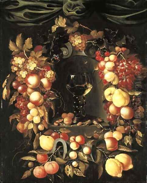 A roemer with walnuts and almonds in a niche surrounded by a garland of lemons Oil Painting by Johannes Borman