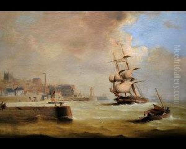 C. Coastal Harbour Scene With A 
Frigate Entering Port And A Distant Steamship And Other Shipping Oil Painting by George Chambers