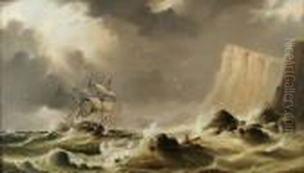 A Brig In Distress Off A Rocky Lee Shore Oil Painting by George Chambers