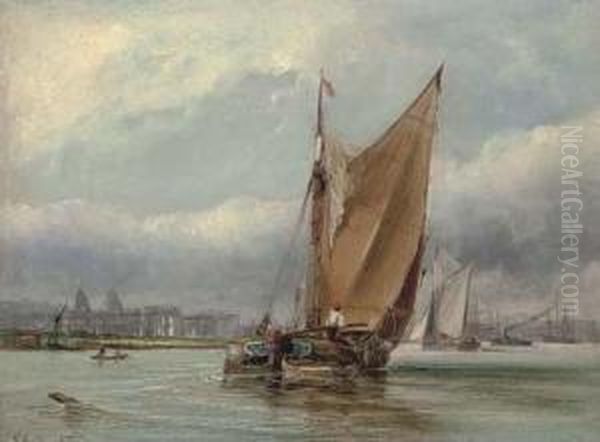 Barges On Greenwich Reach Oil Painting by George Chambers