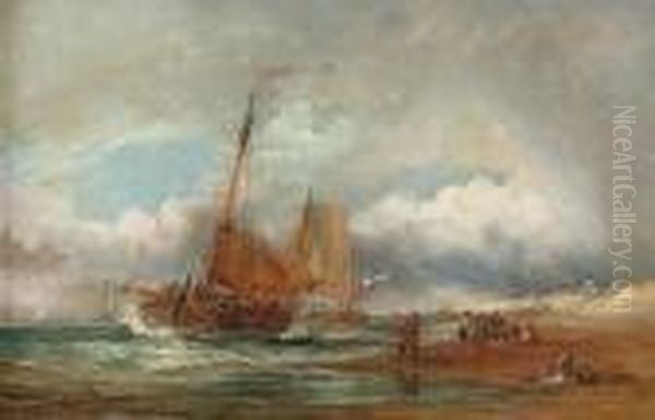 Barges Beaching On A Blustery Day Oil Painting by George Chambers