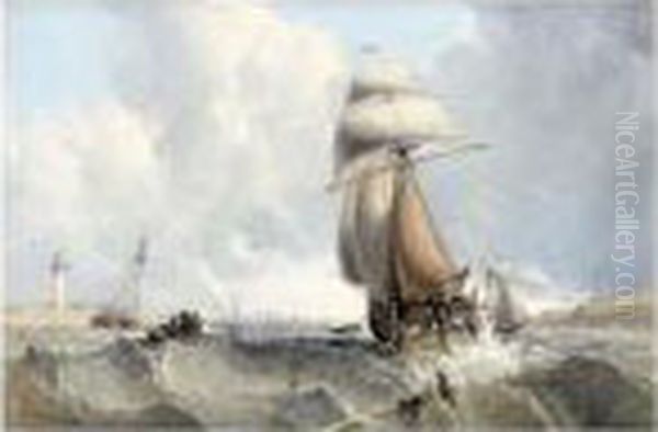 Shipping Off A Headland In Heavy Scenes Oil Painting by George Chambers