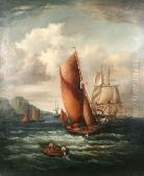 A Barge, Paddle Steamer And Other Vessels Off The Coast Oil Painting by George Chambers