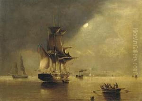 Shipping In A Moonlite Sea by George Chambers