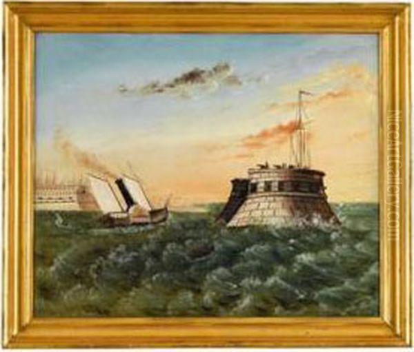 Harbor, Fortress, And Steamboat With Side-wheels Oil Painting by Thomas Chambers