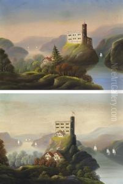 A Pair Of Landscapes With Castles Oil Painting by Thomas Chambers