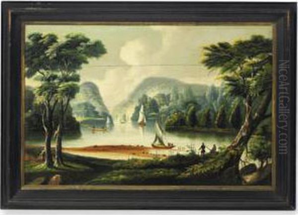 View Of Bear Mountain With Hunters, At Hudson's Edge Oil Painting by Thomas Chambers