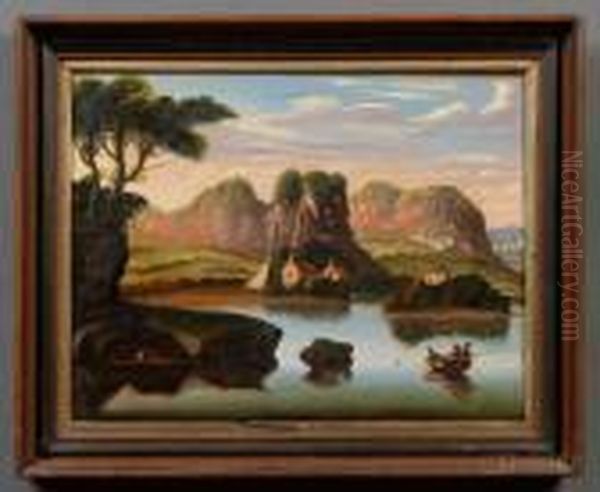 River Valley With Fishermen, Cottages, And Distant Castle. Oil Painting by Thomas Chambers