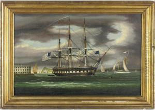 The Constitution In New York Harbor With Castle Gardens In The Background Oil Painting by Thomas Chambers