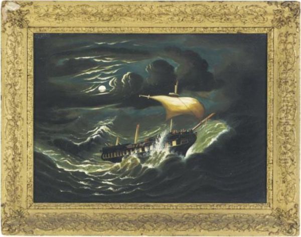 Storm-tossed Frigate In Moonlight Oil Painting by Thomas Chambers