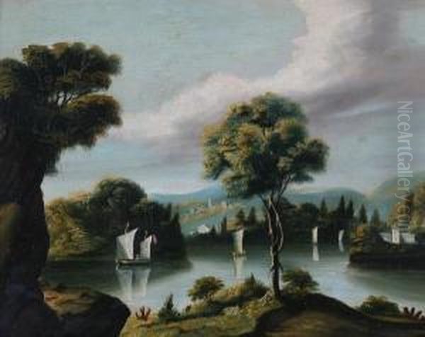 Lake Scene Of Four Sailboats Oil Painting by Thomas Chambers