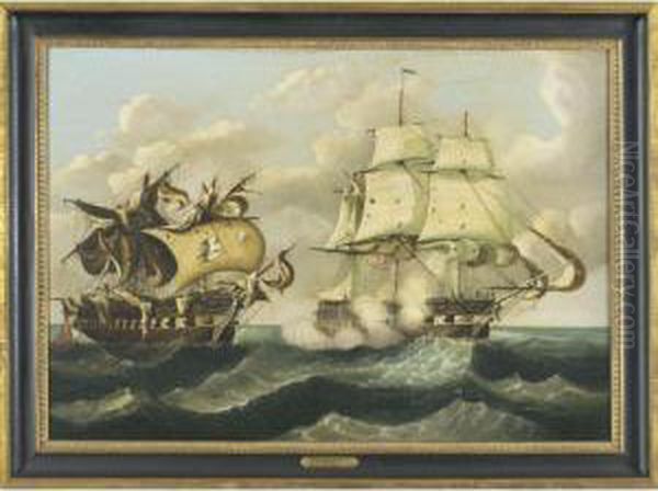 Capture Of The H.b.m. Frigate 
Macedonia By The U.s. Frigate United States, October 25, 1812 Oil Painting by Thomas Chambers