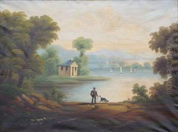 Man With Dog In And Extensive River Landscape Oil Painting by Thomas Chambers