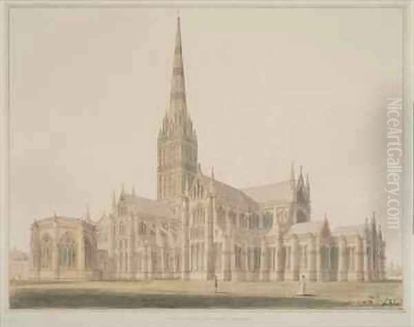 South East View of the Salisbury Cathedral and Chapter House Oil Painting by John Buckler