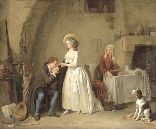 An amorous couple in an interior with an old woman preparing a meal Oil Painting by Louis-Marc-Antoine Bilcoq