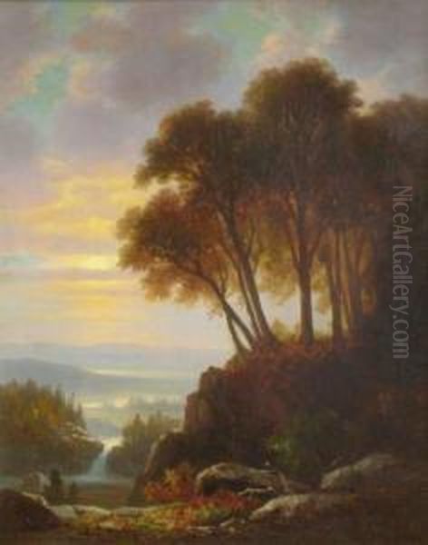 Landscape With Riverat Sunset Oil Painting by Benjamin Champney