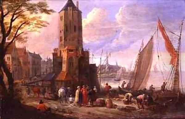 Figures and Boats in a Dutch Port Oil Painting by Pieter Bouts