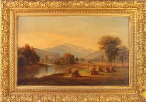 Landscape With Haystacks, Stream And Mountains Oil Painting by Benjamin Champney