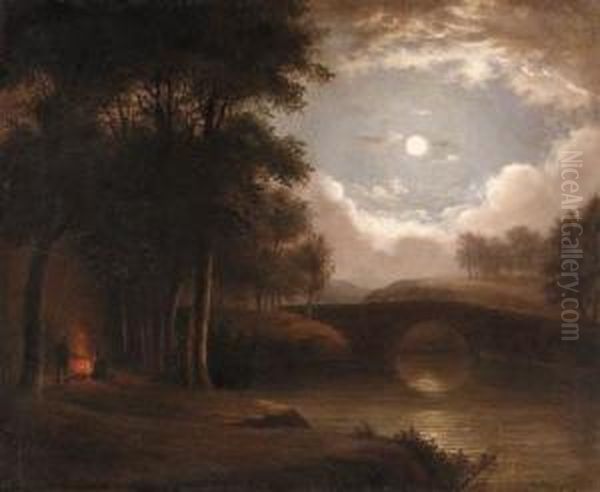 Moonlight Landscape With Campfire Oil Painting by Benjamin Champney