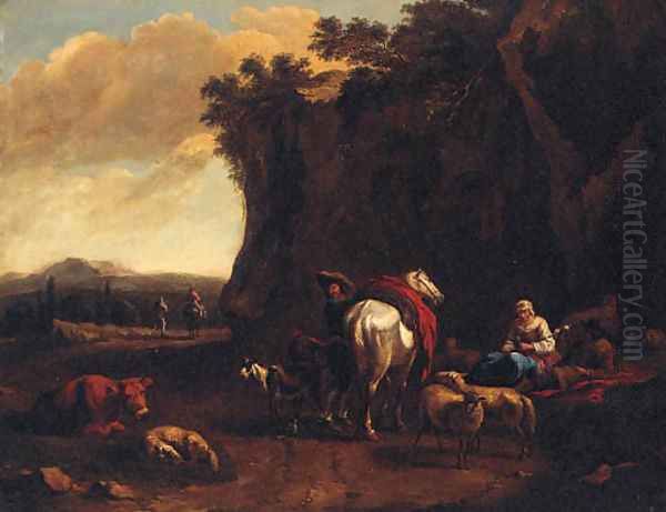 A rocky landscape with drovers resting by a track Oil Painting by Dirk van Bergen