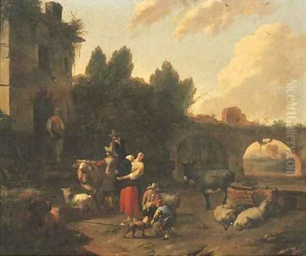 In Italianate landscape with herdsmen and cattle halting by a ruined mansion Oil Painting by Dirk van Bergen