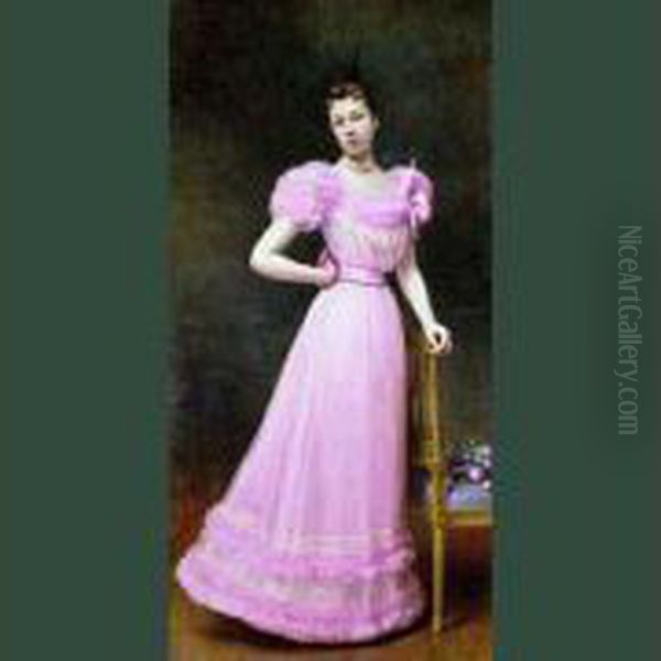 Femme En Robe Rose Du Couturier Worth Oil Painting by Alexandre Jacques Chantron