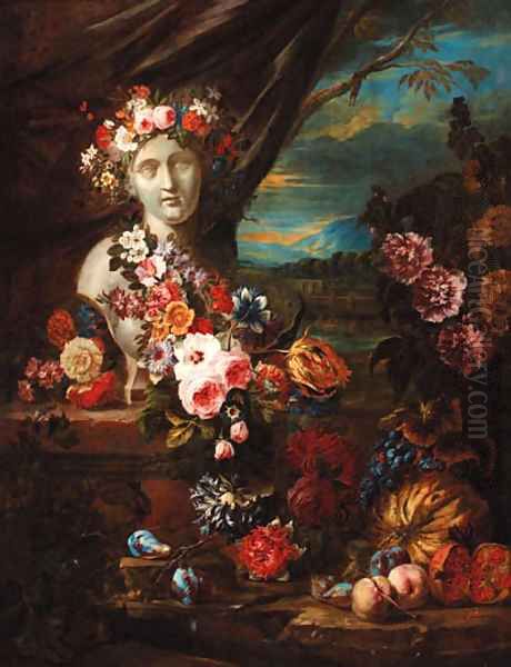 A bust on a pedestal adorned with garlands of flowers Oil Painting by Jacob Van Der Borcht