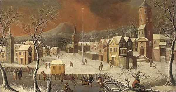 A view of a German town in winter Oil Painting by Josef Van Bredael