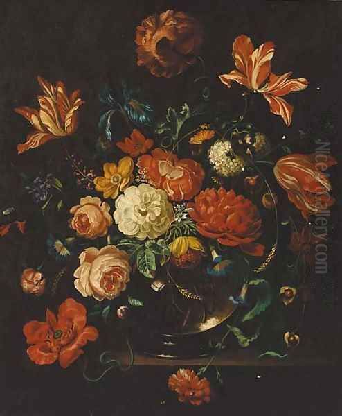 Flowers in a glass vase Oil Painting by Nicolas Baudesson