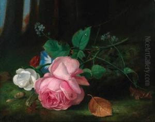 Roses With Convolvuli And A Sprig Of Forget-me-nots On A Mossybank Oil Painting by Arthur Chaplin