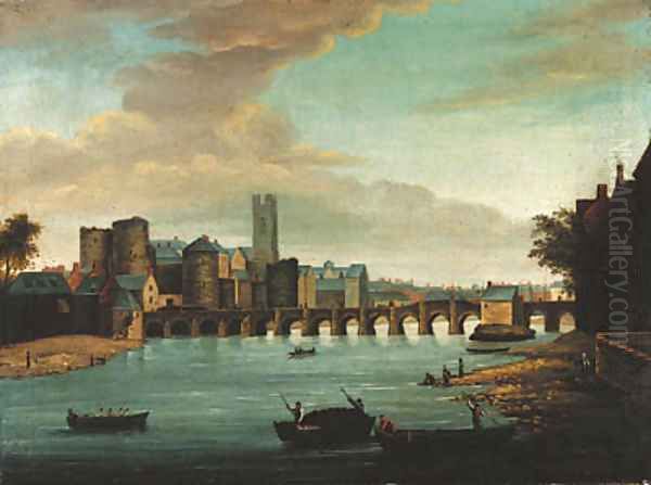 A view of Limerick with Old Thomond bridge, King John's castle and St. Mary's cathedral, with figures and boats in the foreground Oil Painting by Samuel Frederick Brocas