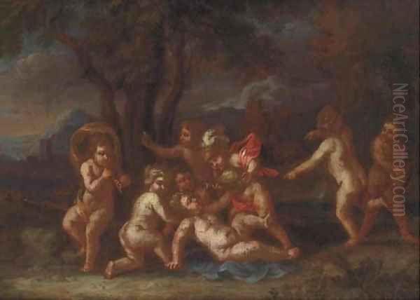 Putti disporting in a landscape Oil Painting by Sebastian Bourdon