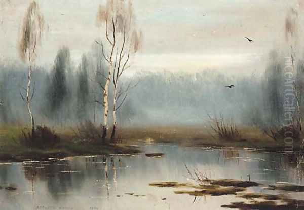 Silver Birches by the Marshes Oil Painting by Albert Nikolaivich Benua