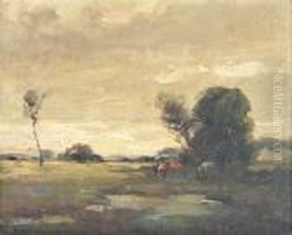 Cows In The Watermeadows, Barnham Broom, Norfolk Oil Painting by Edward Chappel