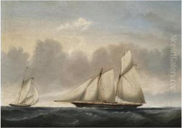 A Naval Schooner In Two Positions Oil Painting by Reuben Chappell Of Poole